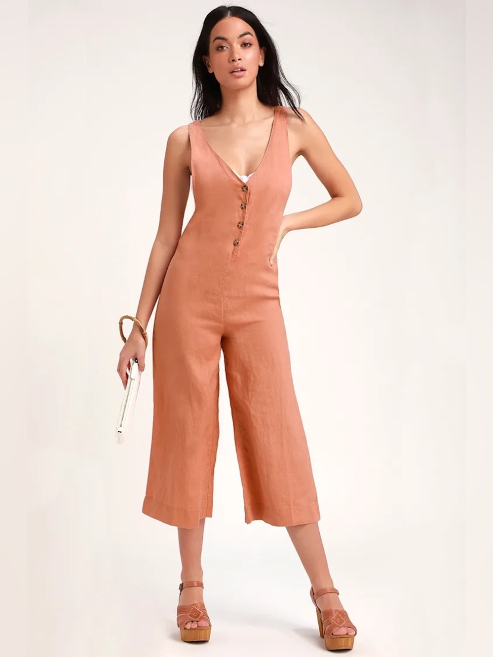 Rhythm Amalfi Rusty Rose 100% Linen Wide-Leg Culotte Jumpsuit Size 4 summer wear